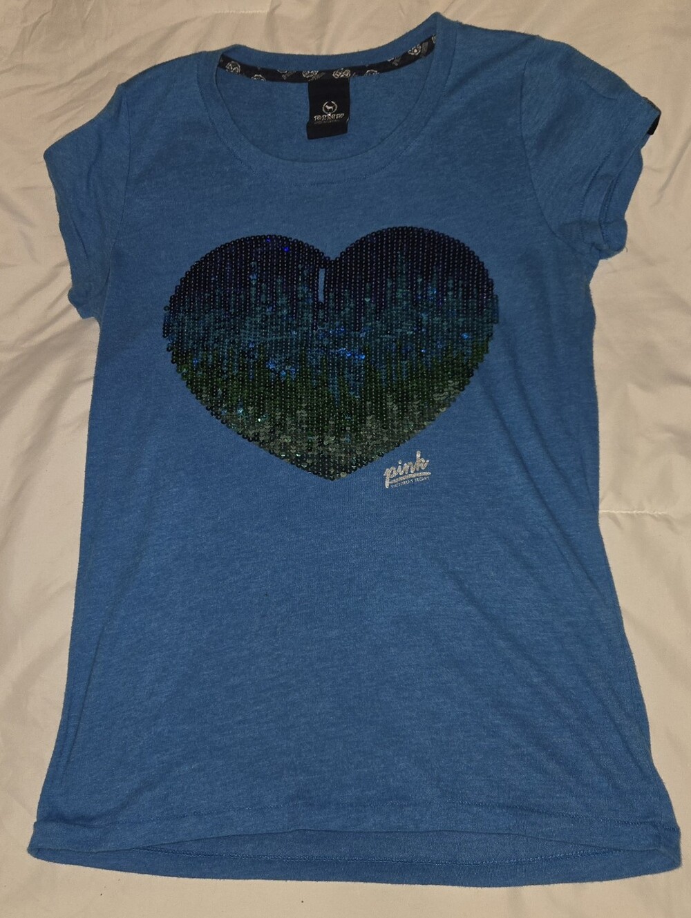 Victoria's Secret PINK Blue Sequin Heart Tee Sz M